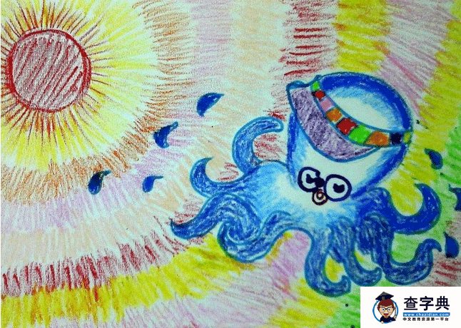 蓝色的章鱼简单幼儿蜡笔画图片