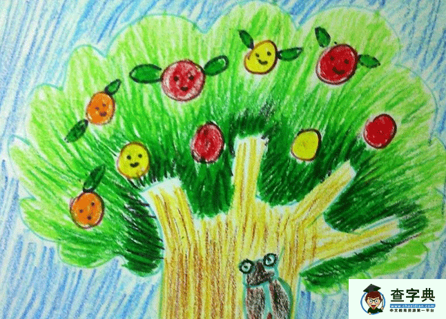 丰收的苹果树儿童蜡笔画作品欣赏