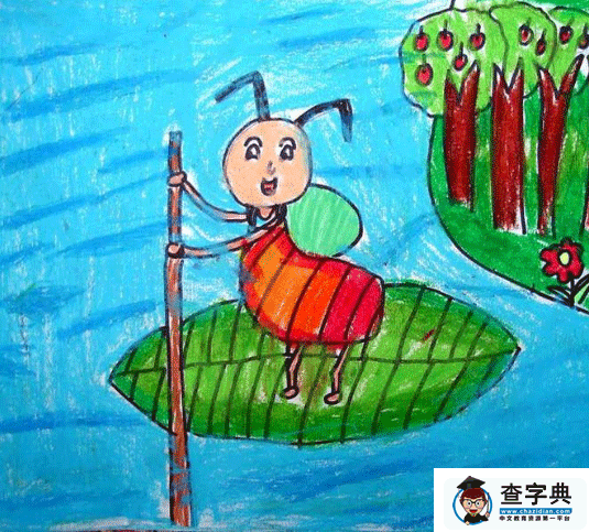 儿童蜡笔画作品欣赏-小蚂蚁在划船