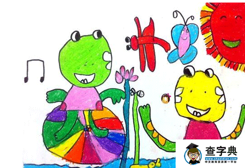 儿童蜡笔画图片-爱唱歌的青蛙