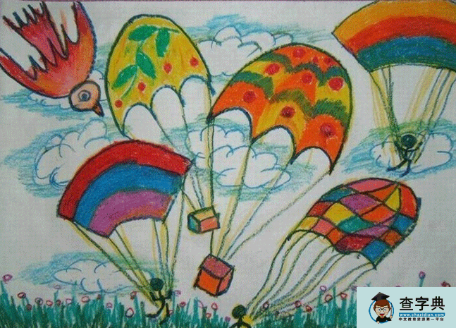 简单幼儿蜡笔画图片降落伞与小鸟