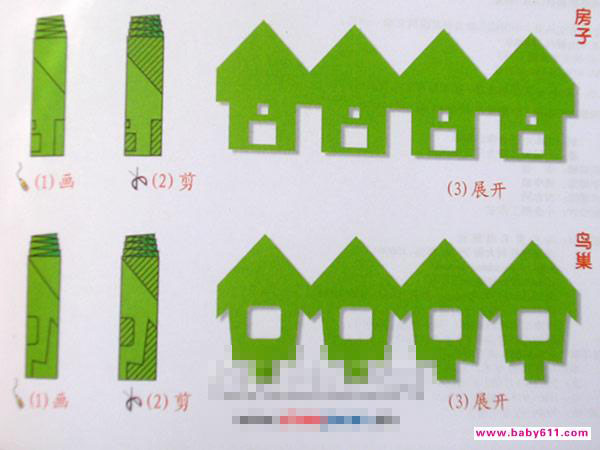 房子。鸟巢［剪纸方法：二方连续］ - 儿童剪纸