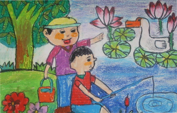 我和爸爸去钓鱼欢乐节日儿童画