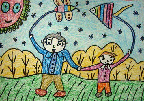 父亲节儿童画作品我和爸爸放风筝