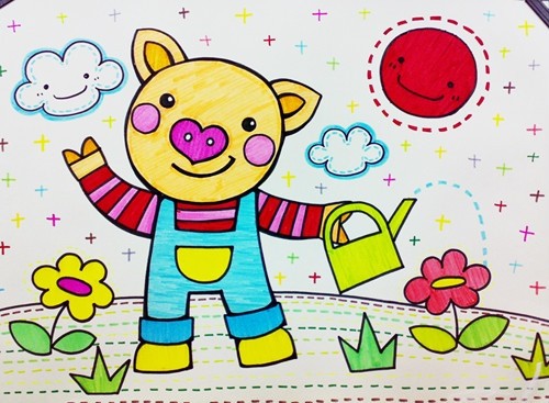 儿童水彩画作品图片大全：小猪浇花